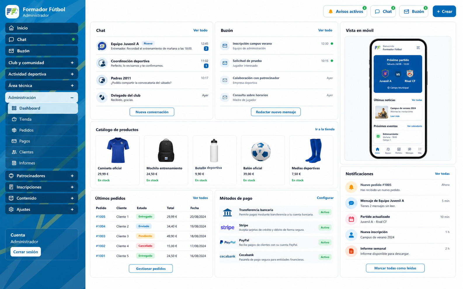Comunicación, tienda y pagos en Formador Fútbol
